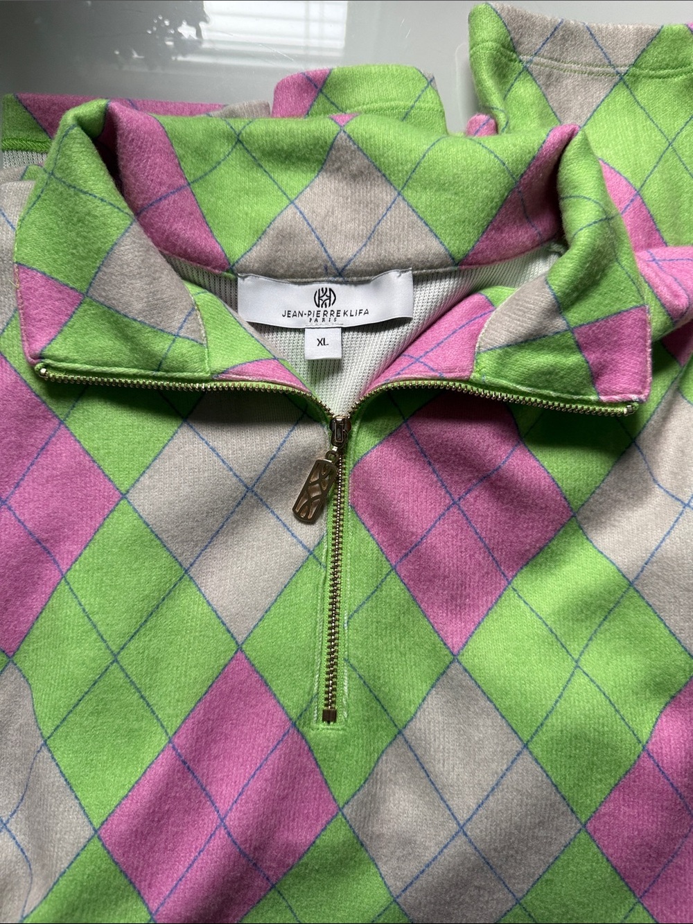Jean-Pierre Kelifa Pink & Green Argyle Half-Zip Pullover - XL